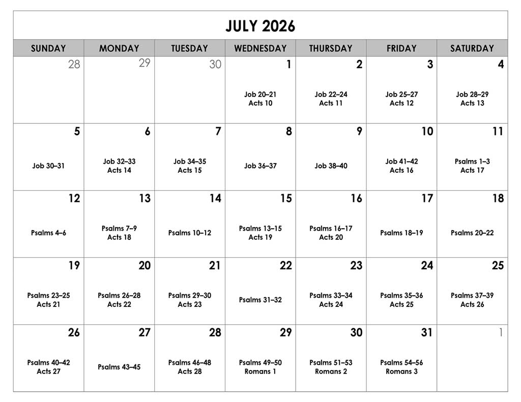 July 2026 Bible Reading Calendar